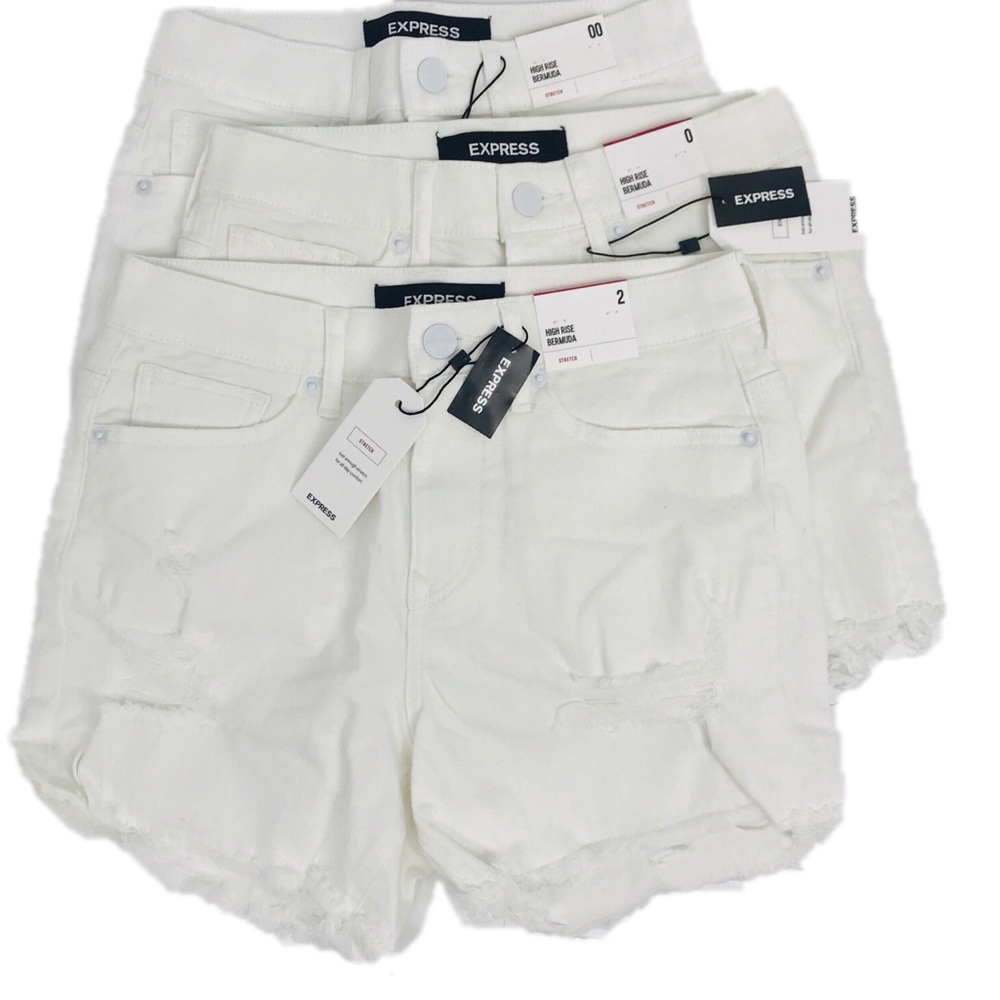 EXPRESS | High Waist Raw Hem Stretch Denim Shorts - Picture 3 of 7